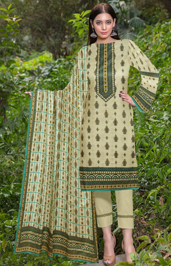 Graceful Beige & Green Unstitched Lawn Suit – Ethnic Elegance