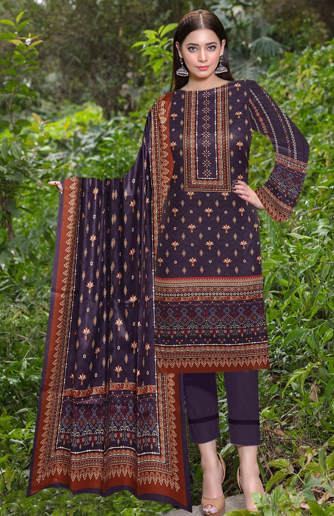 Elegant Deep Purple & Rust Unstitched Lawn Suit – Traditional Grace